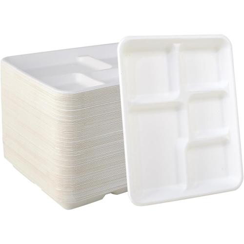 Vplus 100% Compostable 5 Compartment Plates 125 Pack Eco-Friendly Disposable Sugarcane 10 x 8 inch Bagasse School Lunch Tray Perfect for Boys and Girls