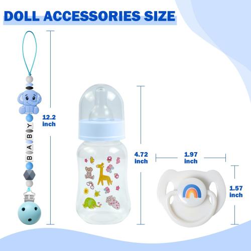 SCOM Reborn Baby Doll Accessories Set - Rainbow Magnetic Pacifiers & Removable Reusable Baby Doll Bottles with Silicone Pacifier Clips for Reborn Dolls Boys for Doll Lover, Blue Style, 3 Pcs