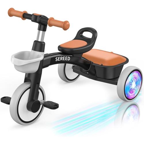 Black SEREED Colorful Lighting Toddler Tricycle for 2-5 Years Old Boys, Adjustable Seat&Handlebar Trike, Removable Basket, Birthday Gift Idea for Kids Ages 2  (Black)