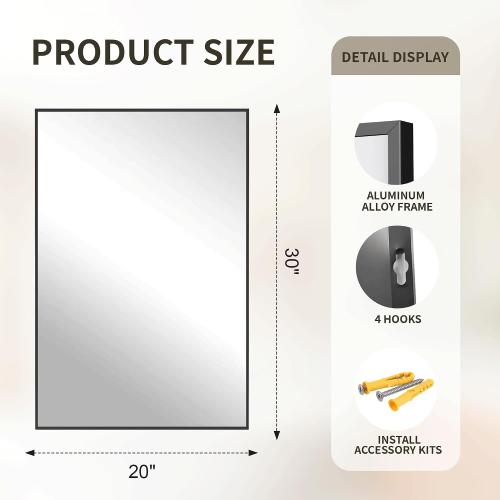 FICTOR Bathroom Vanity Mirror-Black,30x20 Inch, Shatterproof & Anti-Rust, Wall Mount Rectangle Mirrors with Metal Frame for Over Sink, Bathroom, Bedroom, Living Room,Entryway