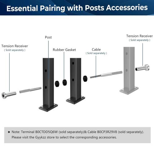36 Cable Railing Post, Fixed Top Level Drilled Line Post with Cable Grommets, Stainless Steel Black Powder Coated Finish Handrail Post, Heavy-Duty Wire Railing Post for Wood/Concrete Deck