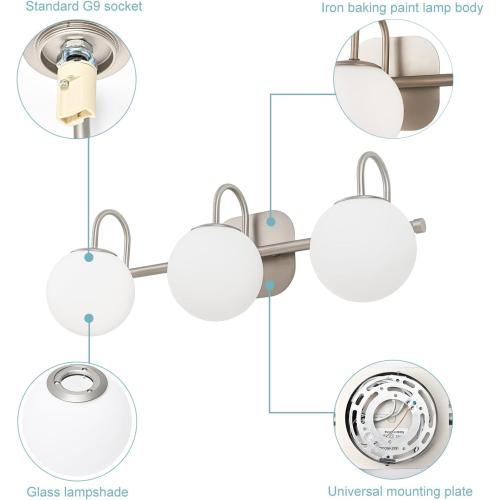 Brushed Nickel Bathroom Vanity Light Fixtures 3 Lights Milk White Glass Globe Shade Modern Wall Sconce Lighting Bath Vanity Lights Bar Over Mirror (Exclude G9 Bulb)