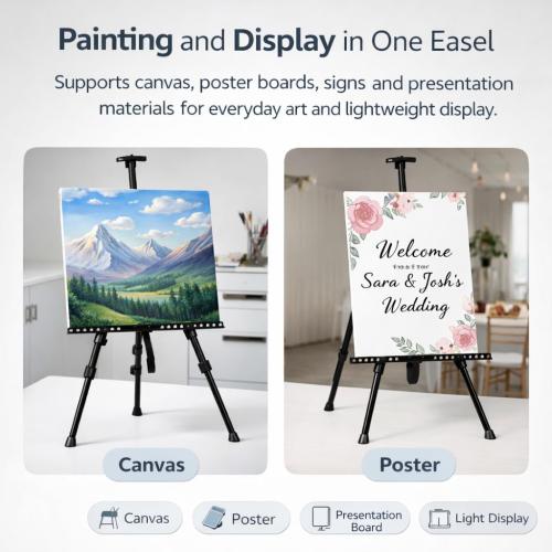 NS JYMB Easel Stand for Sign and Painting,  Adjustable, Black | Portable metal tripod easel for display stand, canvas holder, floor, poster board, wedding signs and travel use