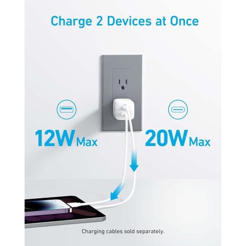 Anker 32W 2-Port Compact USB C Charger with Foldable Plug for iPhone 15/15 Plus/15 Pro/15 Pro Max/14/13, Pixel, Galaxy, iPad/iPad Mini and More (Cable Not Included) - White
