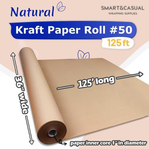 SMART&CASUAL 36 x 1,500 (125') Brown Kraft Craft Paper Roll for Gift Wrapping Bulletin Board Bouquet Flower Art Packing Parcel Table Covering 70GSM 50LB (Brown, 36 x 125')