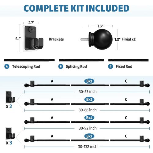 No Drill Curtain Rod for Windows 25 to 86 Inch - 2.0 Dual-Fix Adhesive & Invisible Nail, 5/8 Adjustable Black Curtain Rod No Drilling, Renter Friendly for Apartments & Dorms