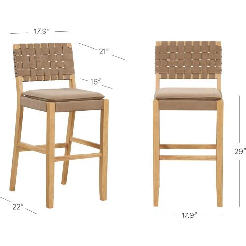 Nathan James Cohen Mid-Century Modern 29 in. Wood Bar Stool, Upholstered Faux Leather Bar Height Stool with Solid Wood Frame, Natural Brown, Set of 2