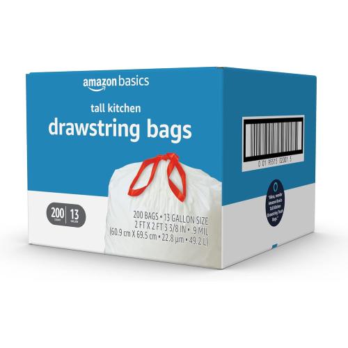 Amazon Basics Trash Bags, Tall Kitchen Drawstring, Unscented, 13 Gallon, 200 Count, Pack of 1