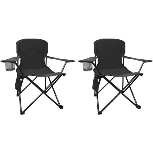 2PCS Folding Camping Collapsible Chairs Heavy Duty Lawn Chair with Cooler Bag, Storage Pocket, Waterproof Bag Outdoor Arm Chair, Supports 225LBS, Black