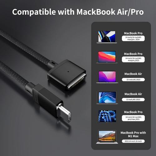USB-C to Magnetic 3 Cable Compatible with Magsafe Charging Cable for 14” 16” MacBook Pro 2024 M3 Pro & Max, MacBook Air 2022 M2, Pro 2023 M2 Pro & Max - 6.6ft Black