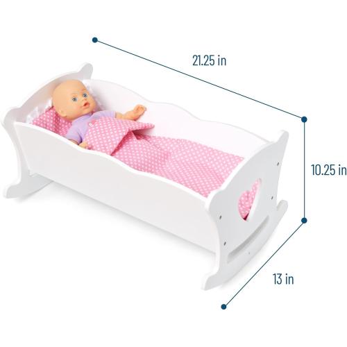 Green series Kids Wooden Doll Cradle – Baby Doll Rocking Cradle with Pillow & Blanket, Fits Dolls Up to 20 Inches - White/ peach ?