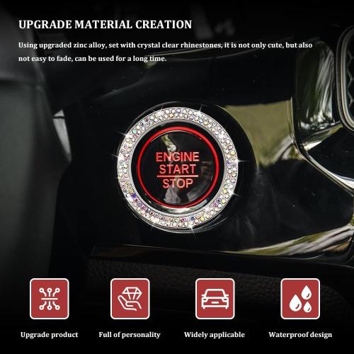 Car Bling Crystal Rhinestone Engine Start Decoration Ring, Sparkling Push Start Button Sticker, Key Ignition & Knob Ring Decoration, Bling Car Interior Accessories for Women (AB)