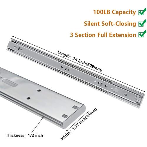LONTAN 24 Inch Soft Close Drawer Slides 1 Pair Side Mount Heavy Duty Cabinet Drawer Glides Ball Bearing Full Extension Kitchen Cabinet Rails 100 LB Capacity