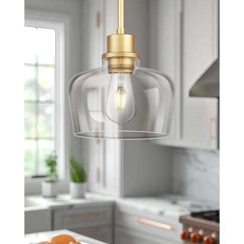Emak 8 Inch Clear Glass Pendant Lights Kitchen Island, Modern Gold Pendant Light Fixtures for Kitchen, Bathroom, Bedroom, Dining Room, PL122-GD-CG