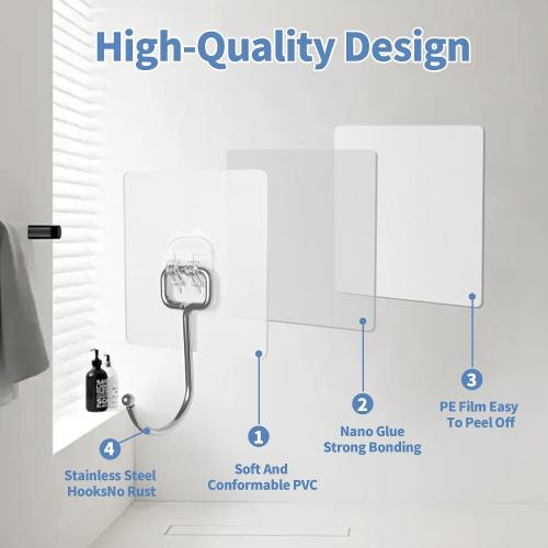 Adhesive Wall Hooks for Hanging - 60lb Heavy Duty Waterproof & Rustproof, Sticky Hooks for Walls No Damage, Kitchen/Bathroom/Rental (Ganchos para Pared) 10-Pack
