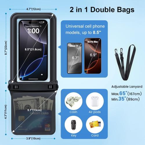 [Up to 8.5''] Floating Waterproof Phone Pouch, Double Bags Waterproof Phone Case with Lanyard for iPhone 17 16 15 Pro Max, Galaxy S25 Ultra, IPX8 Cellphone Dry Bag Beach Cruise Ship Essentials 2 Pack
