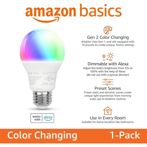 Amazon Basics Smart A19 LED Light Bulb, Color Changing, 9W (60W Equivalent), 800LM, Works with Alexa Only, 2.4 GHz Wi-Fi, No Hub Required, 1 Pack