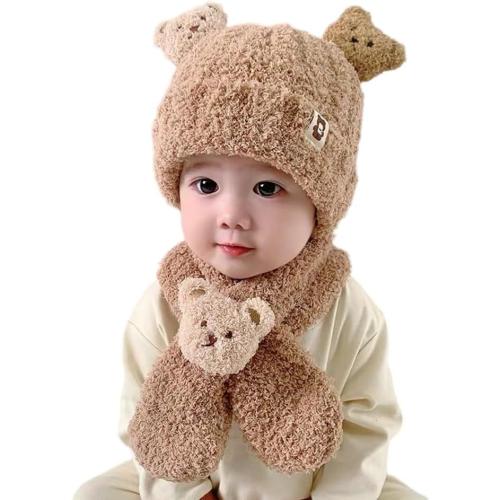 Kids Toddlers Winter Warm Cartoon Plush Hat with Scarf Hoodie Earflap Hat 2 in 1 Set Scarf Shawl Wraps Mittens (Khaki)