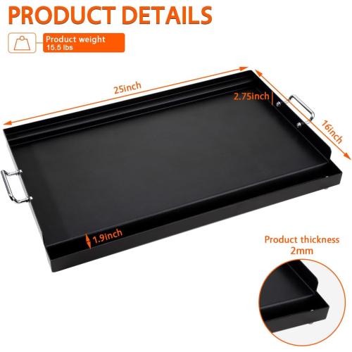 Black LotFun 25 x 16 Carbon Steel Cooking Griddle for Outdoor Gas Grill, Universal Griddle Flat Top Plate Insert with Grease Groove and Removable Handles for Electric/Charcoal/Gas Grill, Camping,Party