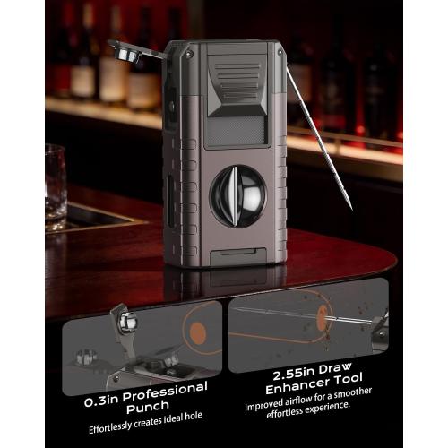 6-in-1 Torch Lighter with Triple Flame, Built-in V & Straight Tool, Punch, Holder, Draw Enhancer, Windproof & Refillable Butane Torch Lighters, Cool Lighters with Gift Box for Men, Candle, Outdoors