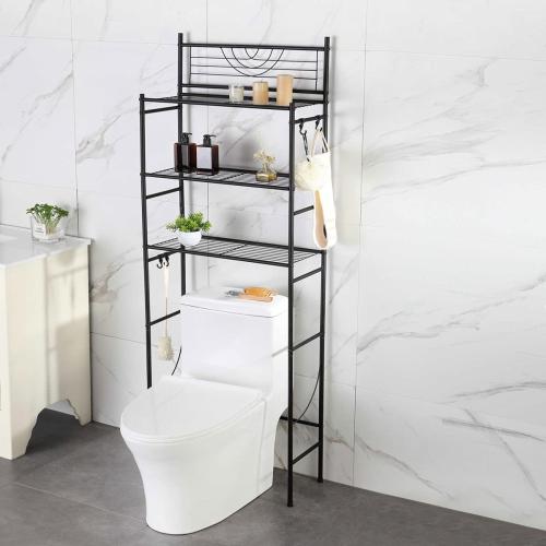 3-Tier Bathroom Over The Toilet Storage Rack Free Standing Metal Frame Shelf Organizer, with 4-Hooks, Black