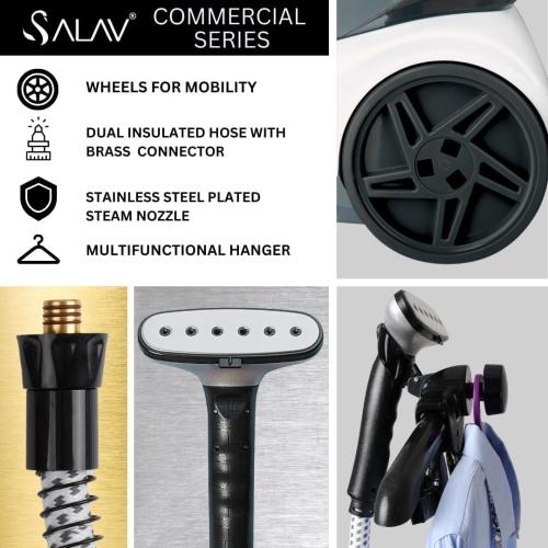 SALAV® Heavy Duty Commercial Full-Size Garment Steamer with Foot Pedals and Extra Large 3L (101.5 oz) Water Tank, 1800 watts, 90 min of Continuous Steam (White) (Renewed)