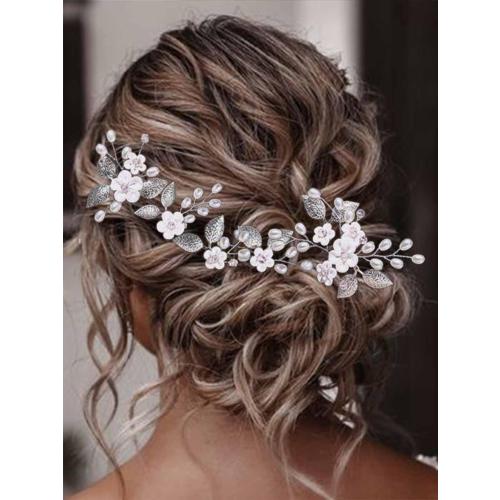 Yean Flower Bride Wedding Hair Pins Silver Leaf Bridal Hair Pieces Pearl Hair Accessories for Women and Girls (Pack of 5)