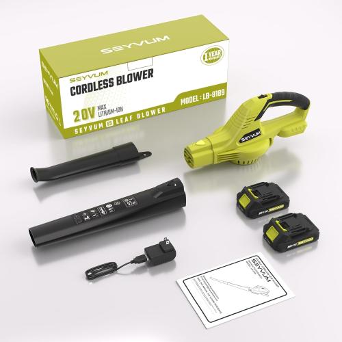 SEYVUM Leaf Blower, 20V Cordless Blower with 2 Pcs Li-ion Battery, Electric Leaf Blower for Lawn Care, 320CFM 150MPH Battery Powered Blowers, for Patio, Garden Cleaning, Fast Charger Included
