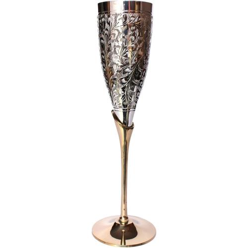 StonKraft Engraved Brass Goblet Champagne Glasses Flutes Coupes Wine Glass Set (Slender) - Silver Polished