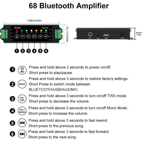 Herdio 6.5 Inch 800W Outdoor Bluetooth Speakers Wired Waterproof with Multifunctional Amplifier, Wall Mount Speaker for Patio Home Poolside Deck Backyard(2 Pairs,Black)