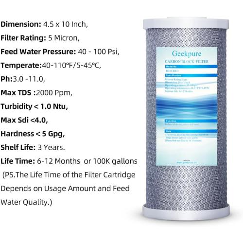 Geekpure 10 Inch Whole House Carbon Filters-4.5 x 10-5 Micron-Pack of 4 | Block Carbon Replacement Cartridges,Reduce Chlorine Taste Odors