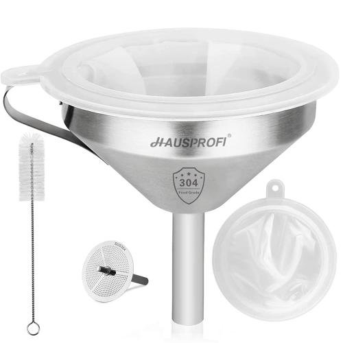 HAUSPROFI Stainless Steel Funnel, 5.1 inch 304 Stainless Steel Kitchen Funnel with 200 Mesh Food Filter Strainer for Transferring Liquids, Oil, Making Jam