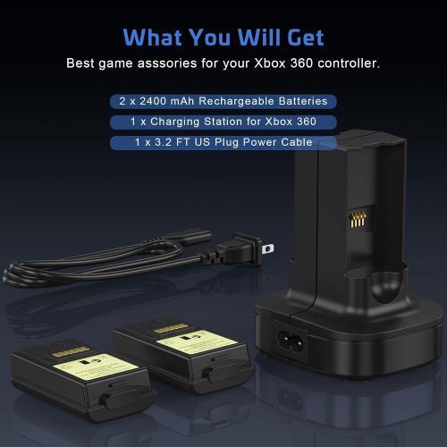 Black 2Pack Rechargeable Battery for Xbox 360 Controller, Charger Dual Charging Station Dock with 2 Pack Rechargeable Battery Compatible with Xbox 360
