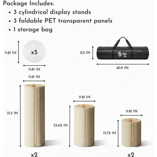 Cylinder Stands for Party, Shape&Use 5PCS Round Cream White Pedestal Display Stands, Foldable Cardboard Columns for Wedding, Birthday, Anniversary Decor, 11.8in Dia. (15.7*2/23.6/31.5*2in H) with Storage Bag