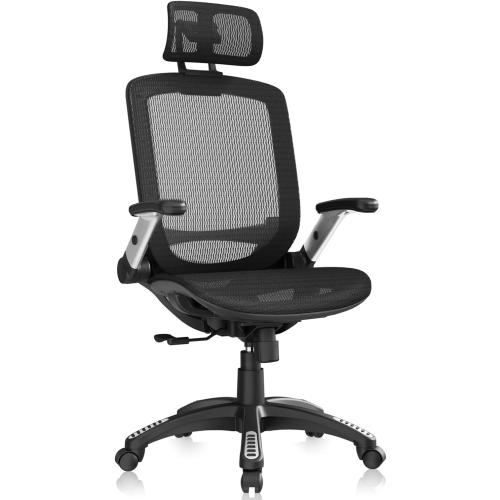 GABRYLLY Ergonomic Office Chair, High Back Home Desk Chair with Headrest, Flip-Up Arms, 90-120° Tilt Lock and Wide Cushion, Big and Tall Mesh Chairs for Man Woman, Black Task Chair