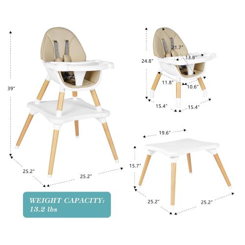 Beige 6 in 1 High Chair for Babies & Toddlers, Convertible Wooden Baby Highchair, Table and Chair Set, Baby Feeding Chair, 5-Point Adjustable Harness/4-Position Removable Tray& PU Seat Cushion
