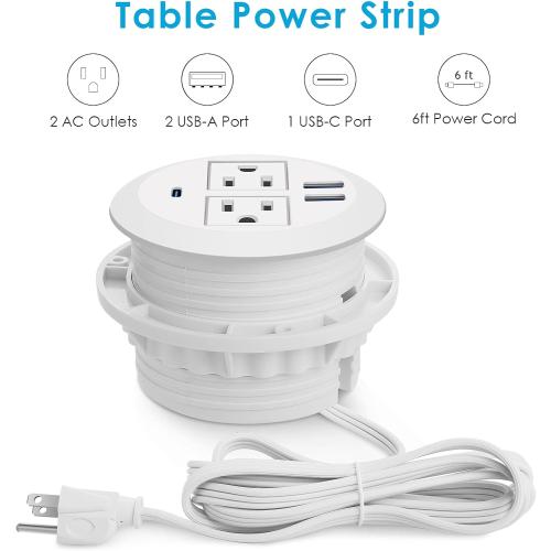 Jgstkcity 2-in-1 Desktop Power Grommet with USB-C Output, 125V, 12A, 2 AC Outlets, 3 USB Charging Ports, White