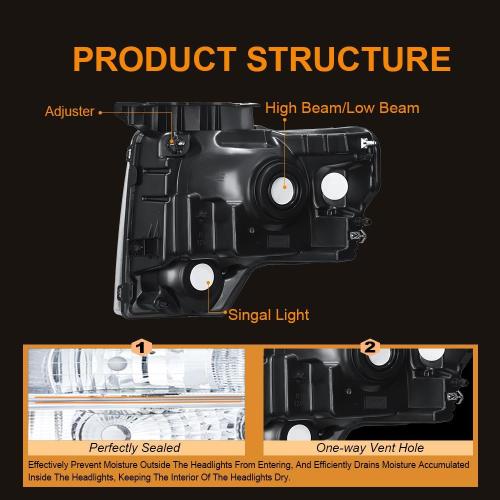 Headlight Assembly, Headlights Kit Compatible with 2009-2014 Ford F150 Replacement Headlamp Black Housing Amber Reflector