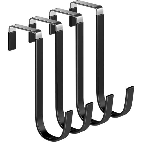 Over The Door Metal Hooks with Plastic Coating 5.5 Fit 0.5 to 1 3/8 Door 4 Pcs Heavy Duty Single Towel Robe Rack Wreath Bathroom Shower Hanger Shoe Organizer Ironing Board Short Black
