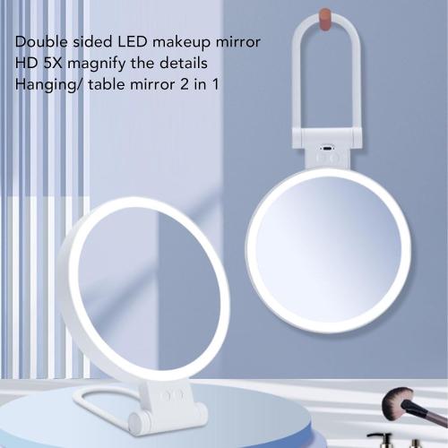 Fockety 5X Magnifying Mirror with Light, 1X Normal Mirror USB Rechargeable LED Makeup Vanity Mirror 3 Light Modes and Folding Handle Adjustable Brightness for Travel, Dorm, Bathroom