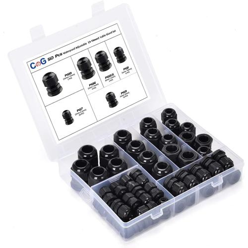 Nylon Cable Gland Kit, CGELE 50 Pack Plastic Waterproof Adjustable Connector 3-16mm Strain Relief Cord Connectors Joints Nylon with Gaskets PG7 PG9 PG11 PG13.5 PG16 PG19