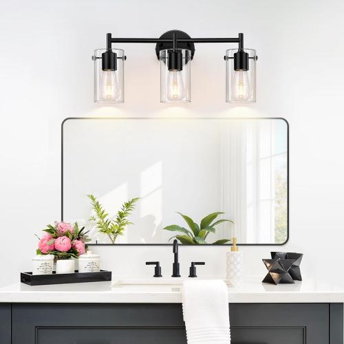 Bathroom Light Fixtures Upgrade, 3-Light Matte Black Vanity Light, Black Bathroom Lights Over Mirror with Clear Glass Shade, Wall Sconces for Mirror Bedroom Living Room Hallway
