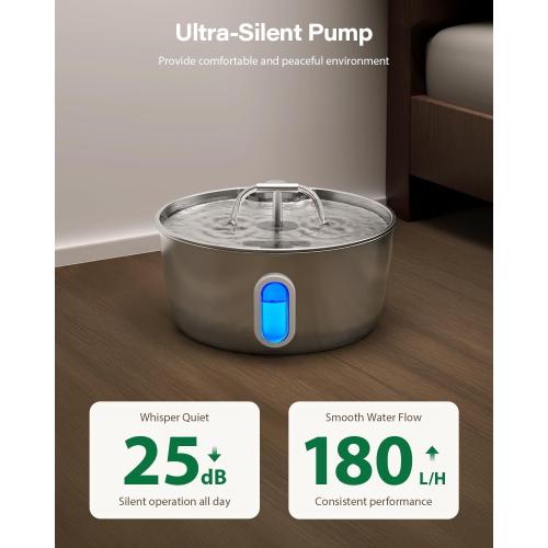 Cat Water Fountain Stainless Steel - 3.2L/108oz Pet Water Fountain for Cats Indoor - Automatic Pet Watering Dispenser (1 Filter)