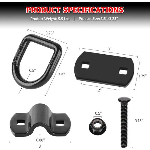 AUTOBOTS 1/2 Heavy Duty Bolt-On Forged D Ring, 12000Lbs Break Strength Tie Down Anchors Hooks, for Trailers, Trucks, and Cargo Tie Downs (Pack of 4) Black