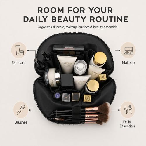 Standing Fold Down Parallel Travel Makeup Bag for Women, Cosmetic Organizer with Multi-Compartments, Stand Bag Organizes skincare, Makeup and Brushes (Premium Version, Black, Medium)