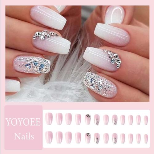 Medium Coffin Press On Nails Crystal Gem Design Fake Nails Acrylic Gradient Bling False Nails Reusable Ballerina Stick On Nails for Women and Girls （24 PCS）