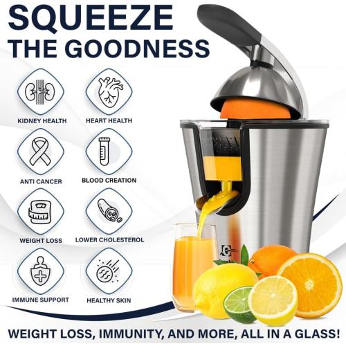 Eurolux Premium Electric Orange Juicer | Stainless Steel Citrus Squeezer With New Ultra-Powerful Motor and Soft Grip Handle for Effortless Juicing, Auto Shutoff, Dishwasher-safe Parts, Pulp Control
