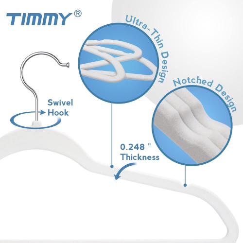 TIMMY Non-Slip Velvet Hangers - Suit & Coat (50-Pack) Ultra Thin Space Saving Heavy Duty Hangers Hold Up-to 10 Lbs - White/Silver