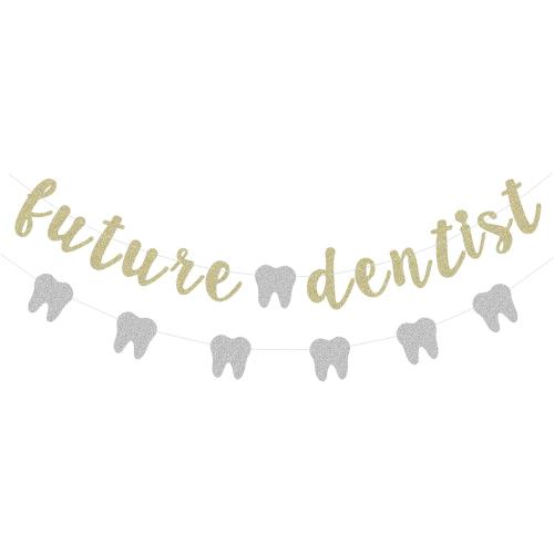Glitter Future Dentist Banner Medical School Graduation Party Supplies Dessert Bar Bunting with Silver Tooth Shape Garland