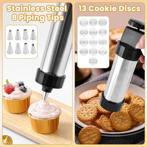 Stainless Steel Cookie Press Gun Kit with 13 Discs & 8 Tips for Baking, DIY Spritz Cookies, Biscuits & Cake Decorating Supplies